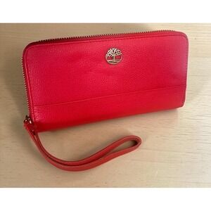 Timberland Women's Red Leather RFID Zip Around Wallet Clutch with Wristlet Strap